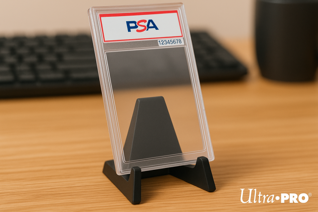 A clear PSA card holder with a visible serial number is displayed on a stand atop a wooden desk, with a keyboard and cup in the background. The Ultra PRO logo appears in the corner.