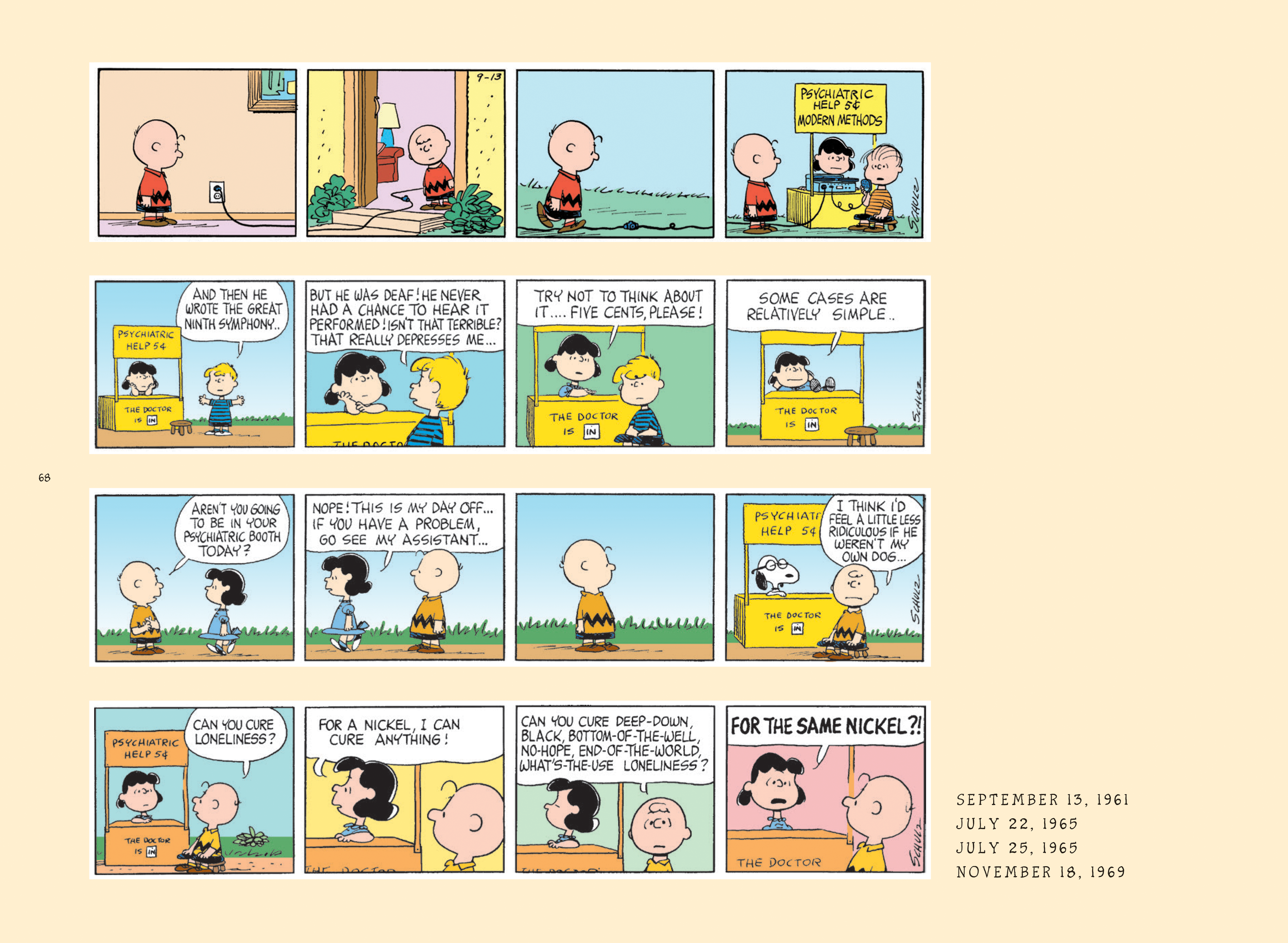 A Peanuts comic strip shows Lucy offering psychiatric help for five cents at a booth; Charlie Brown seeks advice about his feelings and loneliness in several different scenarios.