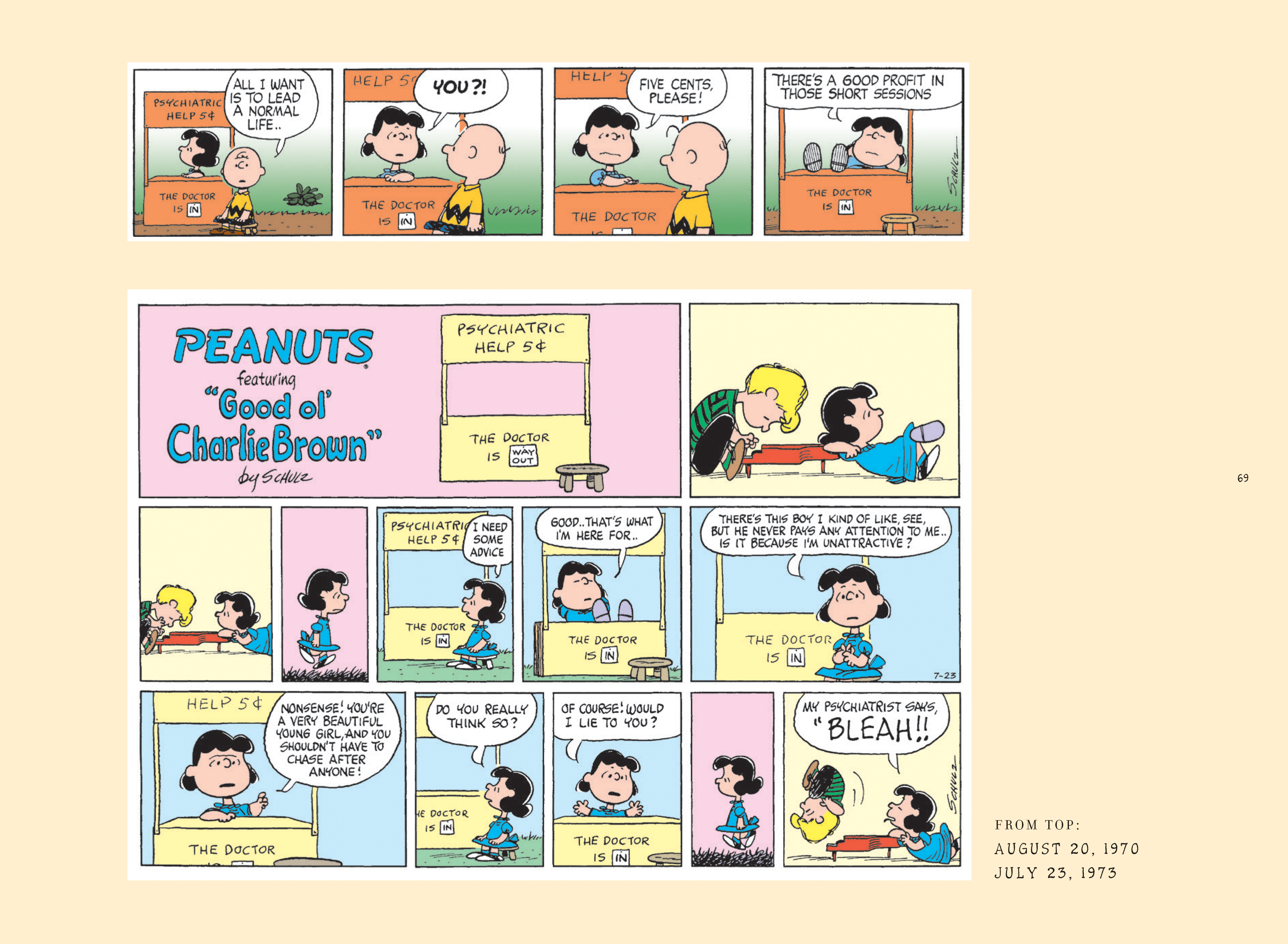 A Peanuts comic strip shows Lucy offering psychiatric help to Charlie Brown and others at her booth, with various interactions and humorous responses.