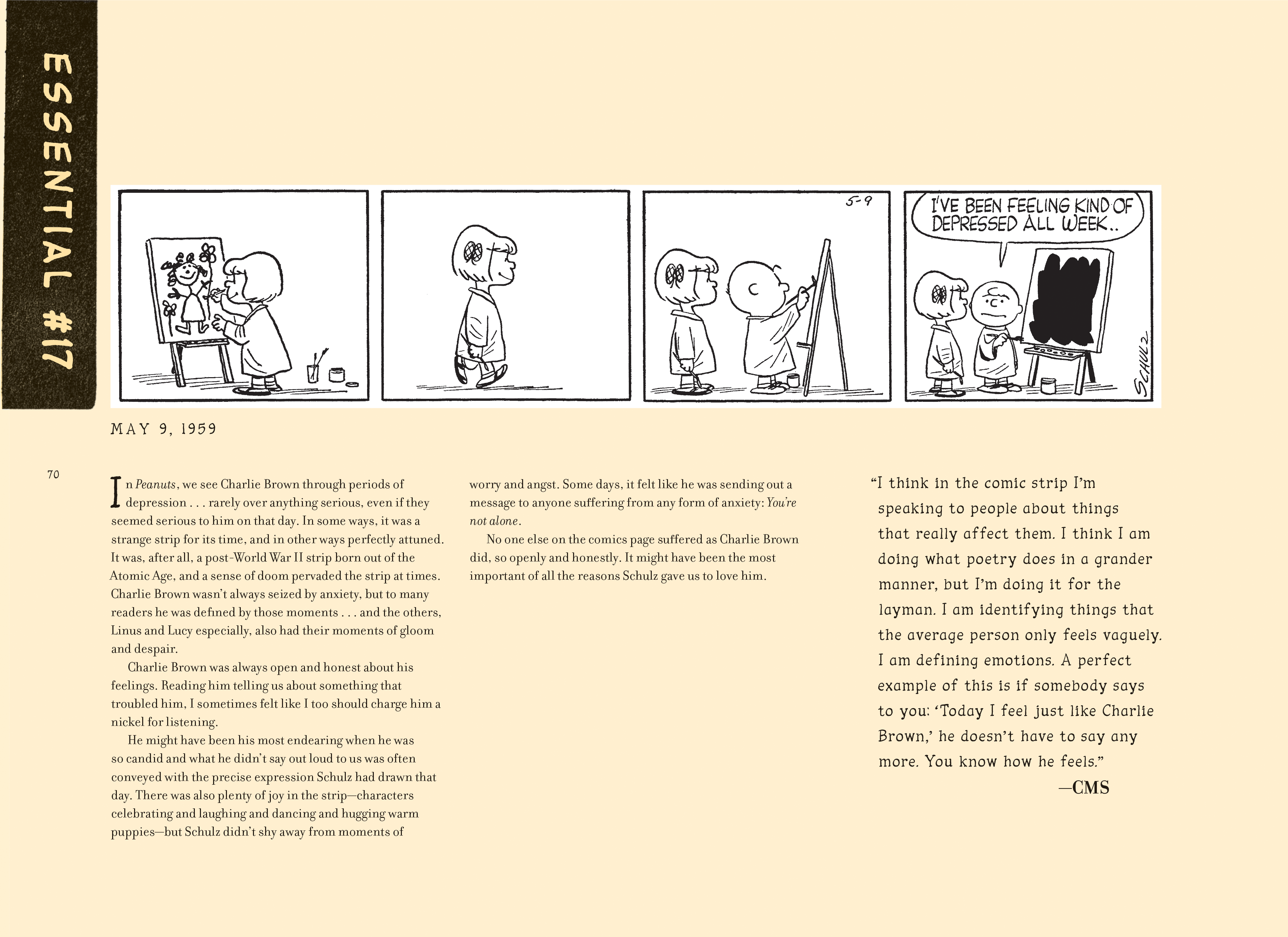 A four-panel black-and-white "Peanuts" comic strip shows Charlie Brown telling Lucy he feels kind of depressed all week as Lucy listens, followed by text commentary on the strip.