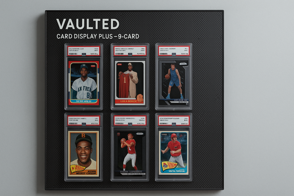 A framed display holds nine graded trading cards featuring athletes from various sports, each in protective plastic cases, arranged in a 3x3 grid on a gray wall.