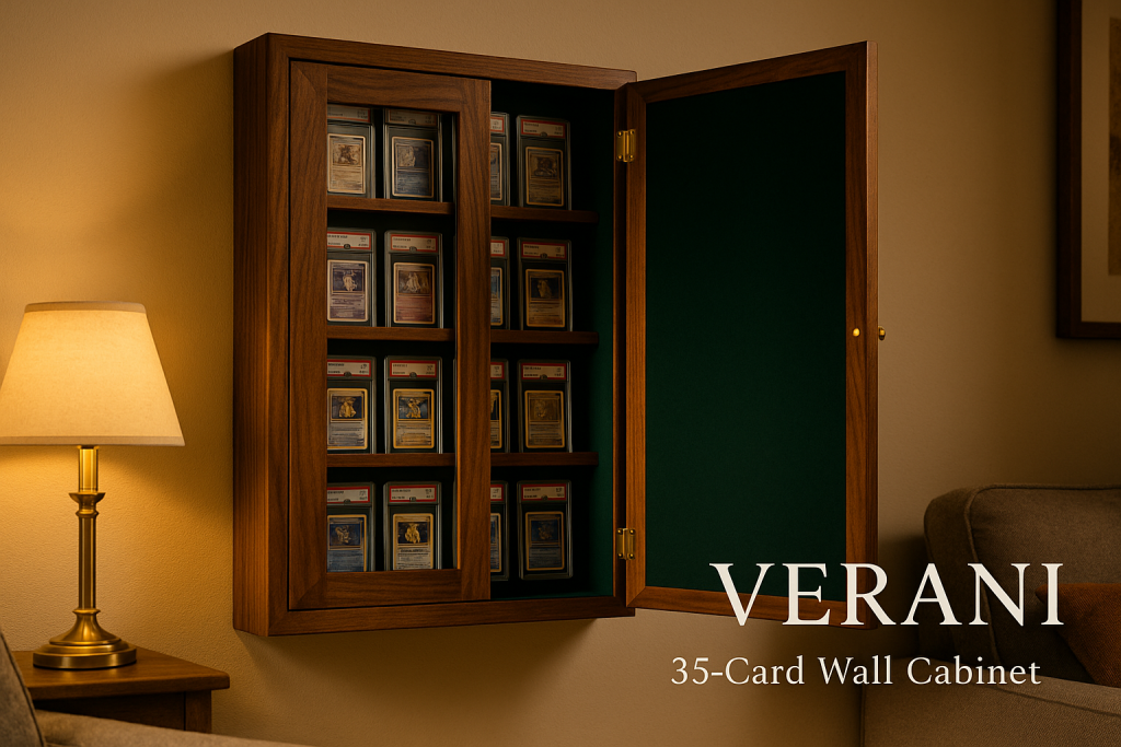 A wooden wall-mounted cabinet with glass doors displays 35 graded trading cards. The cabinet is open, and a lamp and sofa are nearby. Text reads "VERANI 35-Card Wall Cabinet.