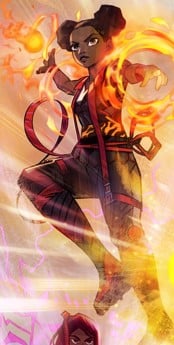 Illustration of a woman in a dynamic pose, conjuring fire with her hands, wearing martial arts-inspired clothing with glowing accents.