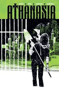 A person in dark clothing and a cap digs with a shovel in the foreground, with a city skyline and tall fence in the background. The title "ATHANASIA" appears at the top.