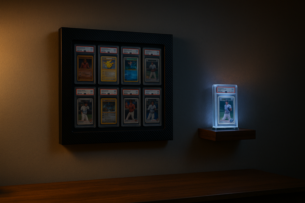 A set of graded trading cards is displayed in a wall-mounted frame, with one individually lit and encased card showcased separately on a wooden shelf.