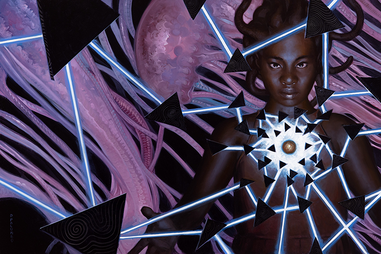 A person with stylized hair stands amid glowing blue lines and black pyramids, with a radiant geometric shape centered on their chest and abstract, swirling pink shapes in the background.