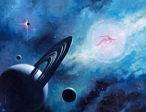 A ringed planet with moons appears in deep space; a faint, ethereal creature floats near a bright cloud of light amid stars and nebulae.