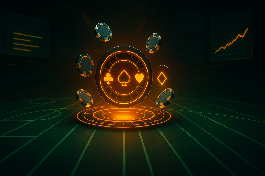 A glowing casino chip with card suit symbols is surrounded by poker chips, set against a dark background with digital financial charts.