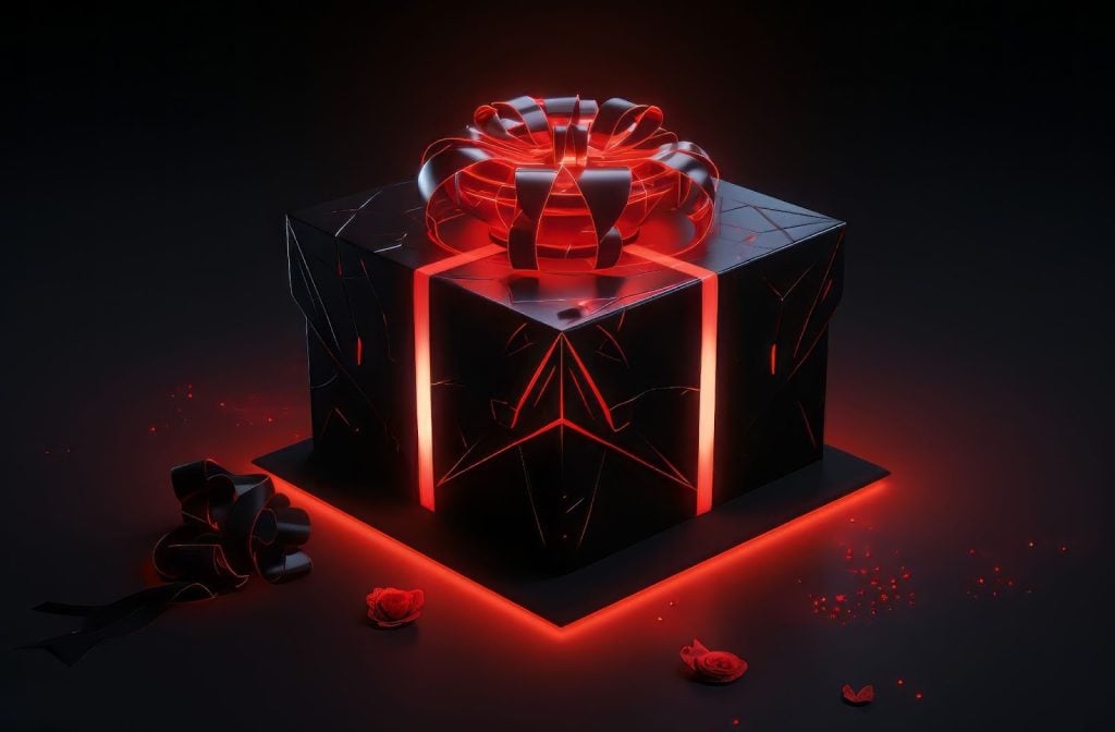 A black gift box with red glowing cracks and a shiny red ribbon sits on a dark surface, surrounded by rose petals and a black ribbon.