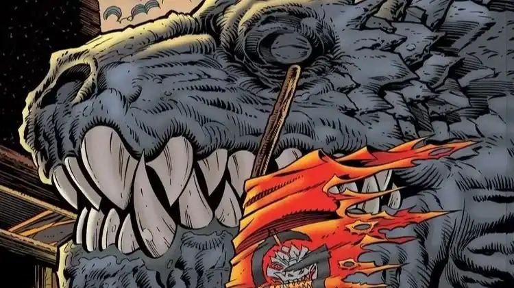 A large, gray, cartoonish monster with sharp teeth holds a burning red flag in its mouth; bats and a building are visible in the background.