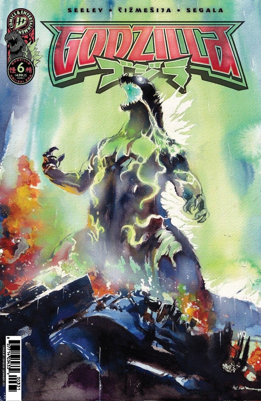 A comic book cover featuring Godzilla roaring amid explosions and debris, with the title "Godzilla" displayed at the top in bold red and green letters.