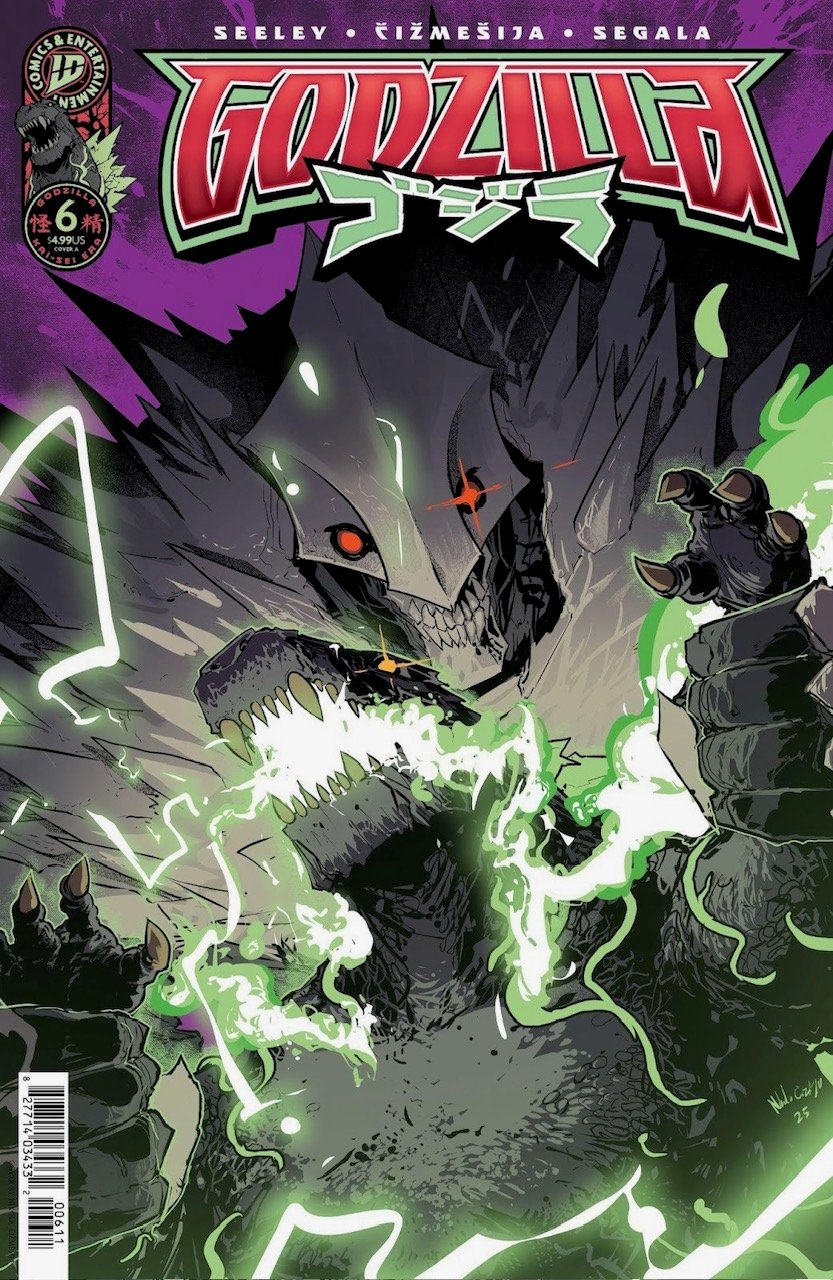 Comic book cover featuring Godzilla emitting green energy from its claws, with a menacing expression; title "Godzilla" in bold red letters at the top.
