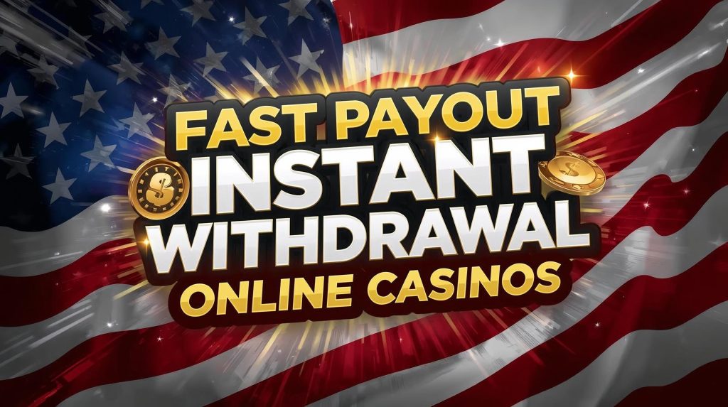 Text graphic reading "Fast Payout Instant Withdrawal Online Casinos" over a waving American flag background with gold coin icons.
