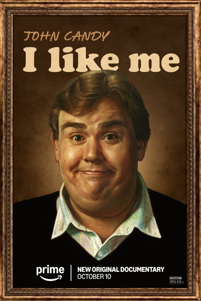 Framed poster for "I Like Me," a John Candy documentary, featuring a smiling man in a collared shirt. Premieres October 10 on Prime Video.