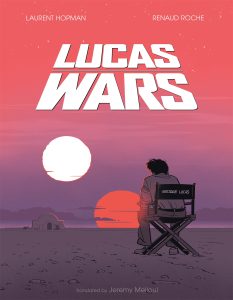 A person sits on a director’s chair labeled "George Lucas" facing a sunset with two suns, with a small building in the distance. The text "Lucas Wars" is displayed at the top.