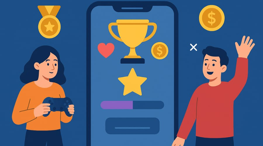 Two people stand beside a large smartphone displaying a trophy, medal, coins, a heart, and a star, suggesting a gaming or achievement theme.
