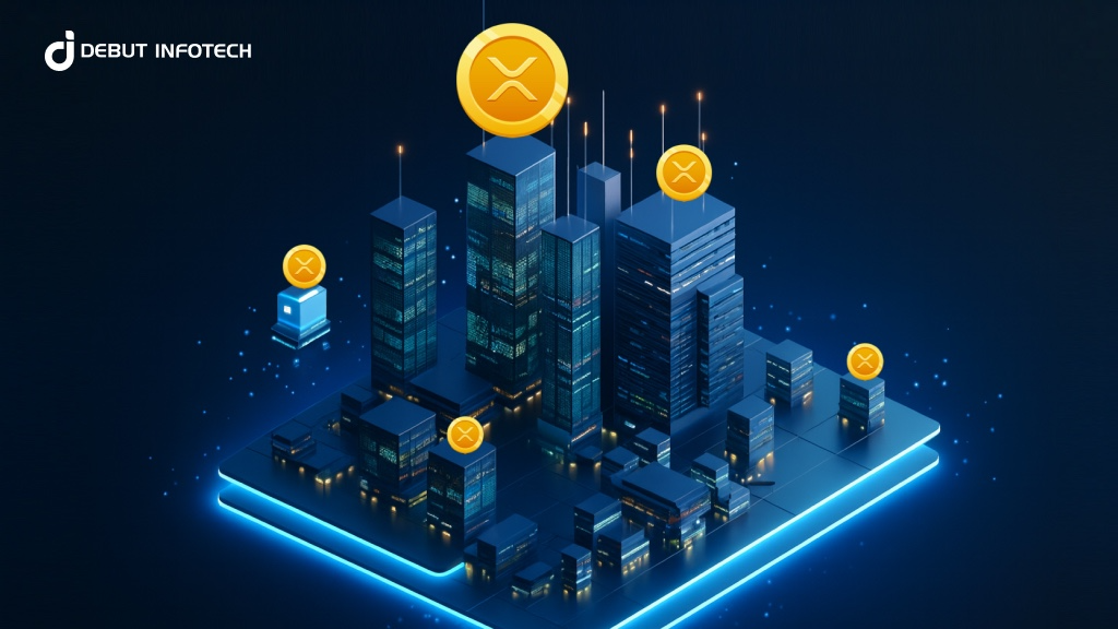 A digital illustration of a cityscape with XRP cryptocurrency coins above several skyscrapers, representing digital finance integration. The Debut Infotech logo is visible in the top left corner.