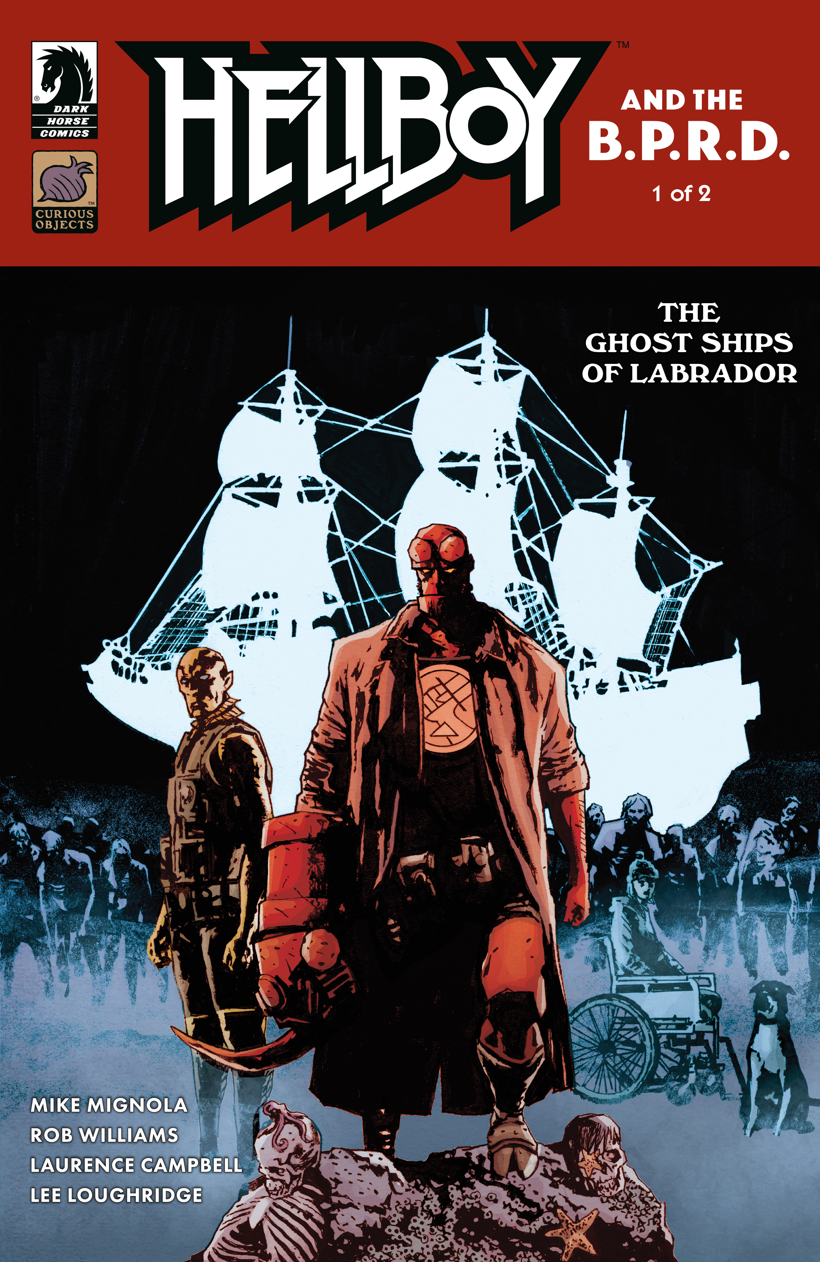 Comic book cover of "Hellboy and the B.P.R.D.: The Ghost Ships of Labrador" featuring Hellboy in front of ghostly ships, with a group of people behind him.