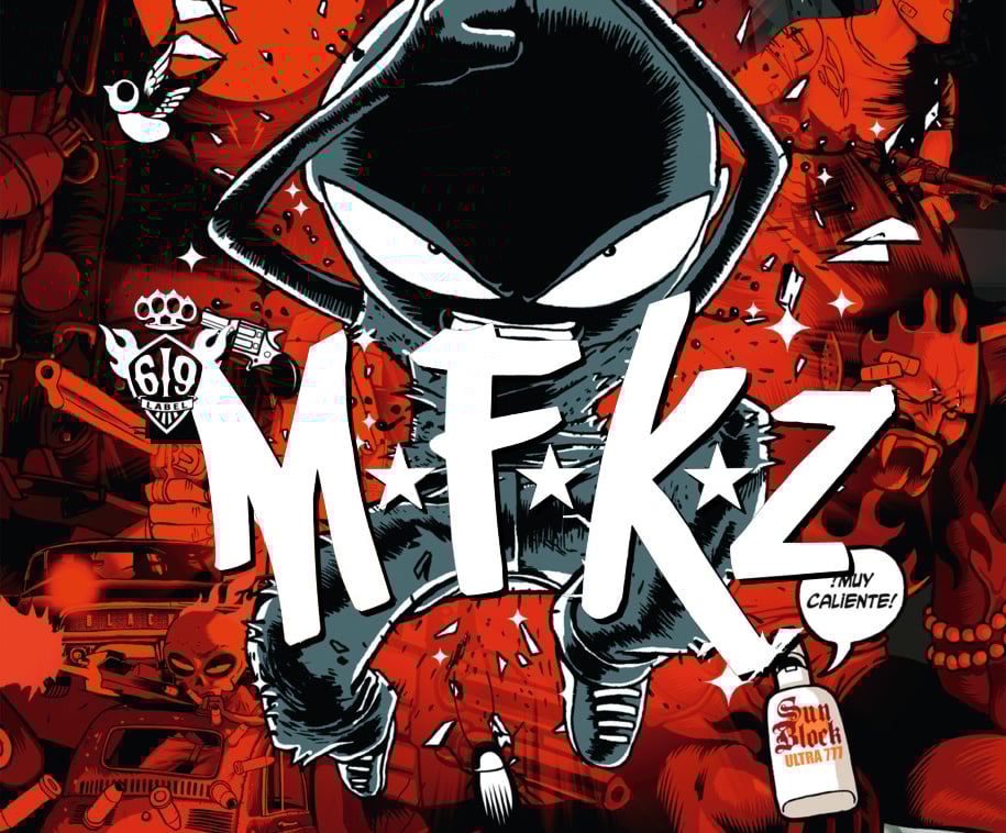 A comic-style illustration featuring a hooded character with large eyes, bold "M.F.K.Z" text, and various abstract red and black background elements.