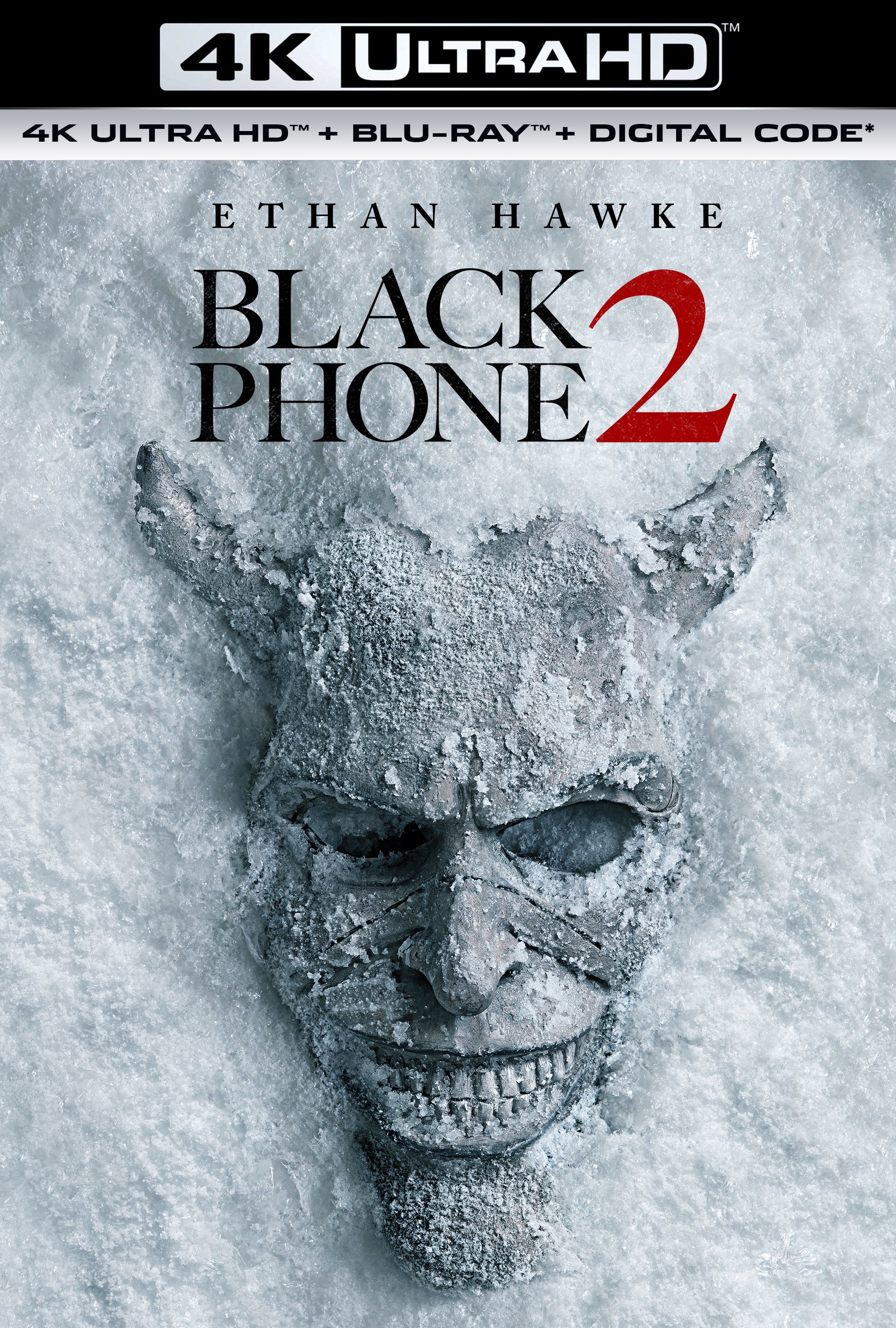 A demonic mask is partially buried in snow on the cover of "Black Phone 2," starring Ethan Hawke, with a 4K Ultra HD, Blu-ray, and Digital Code label at the top.