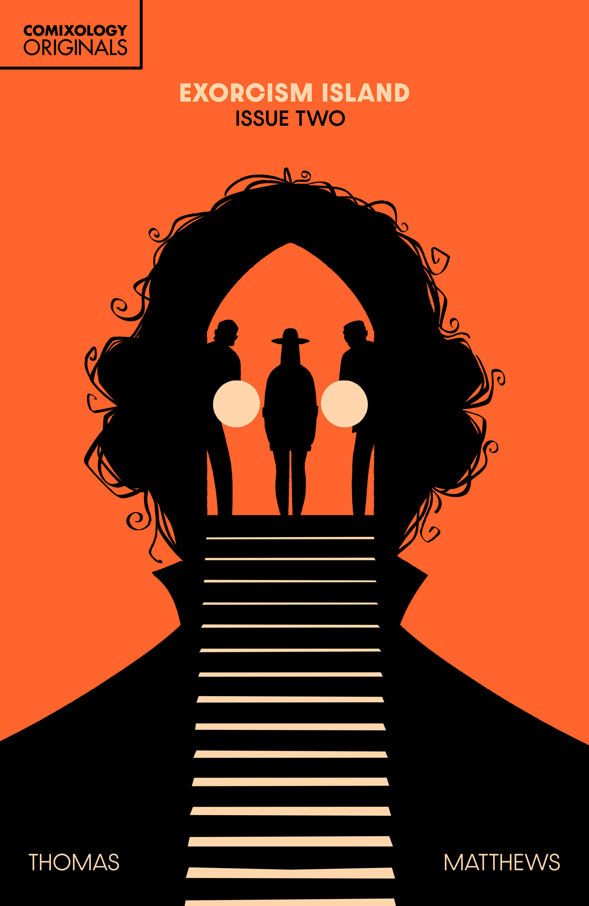 Stylized comic book cover showing three silhouetted figures at the top of a staircase, framed by a large head outline on an orange background. Text reads "Exorcism Island Issue Two.