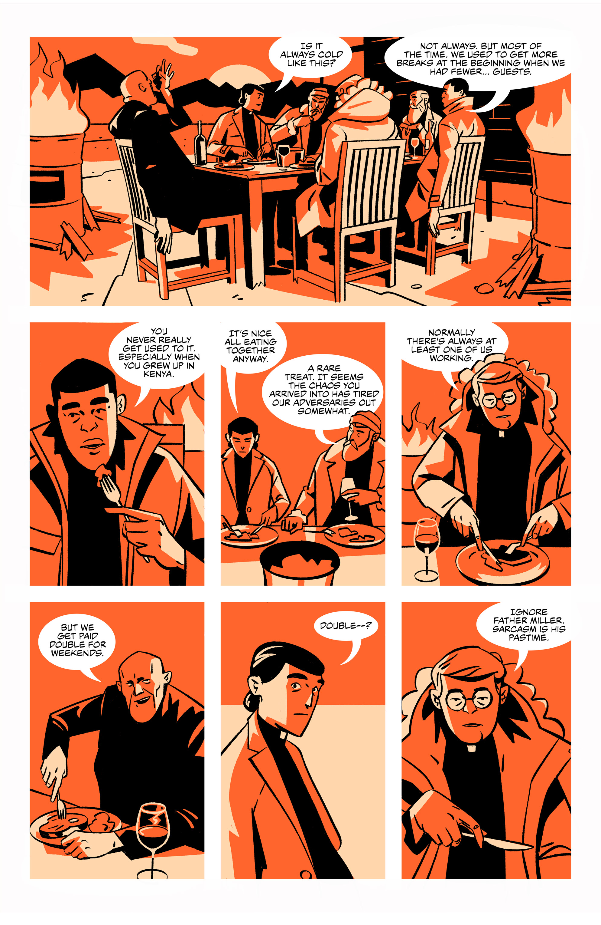 A group of people sits around a table outdoors eating breakfast, engaged in conversation. Individual panels show close-ups of their faces and reactions as they talk and eat.