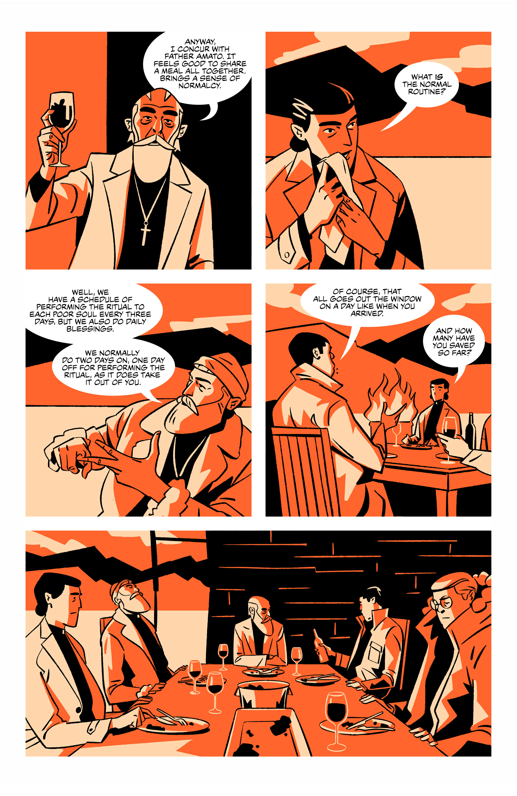 A group of four people sit at a table outdoors, having a serious conversation over drinks as one person explains their payment process.