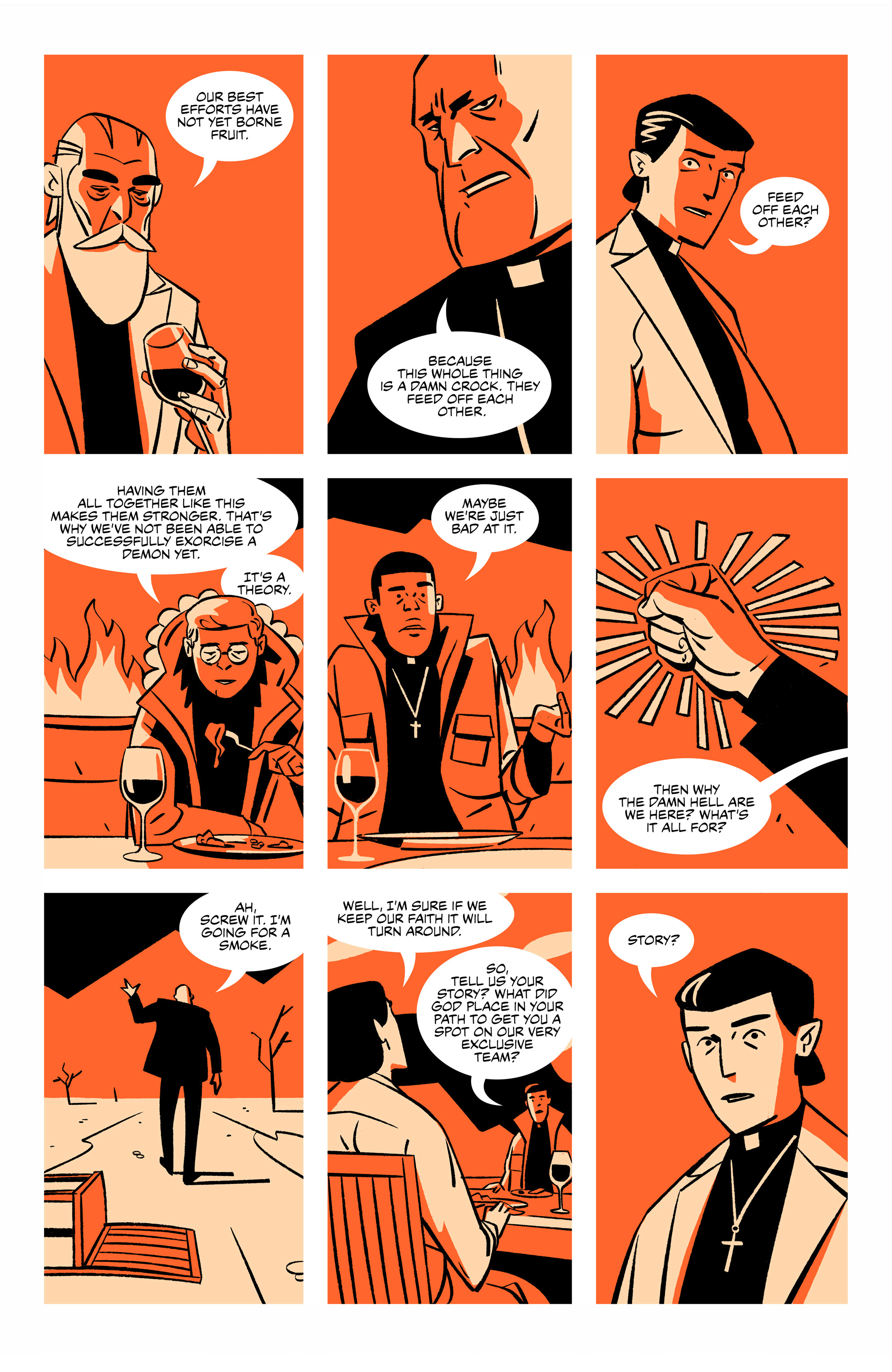 A group of men, including two priests, sit around a table outdoors discussing religion, temptation, and evil over drinks as the mood shifts from casual to serious.