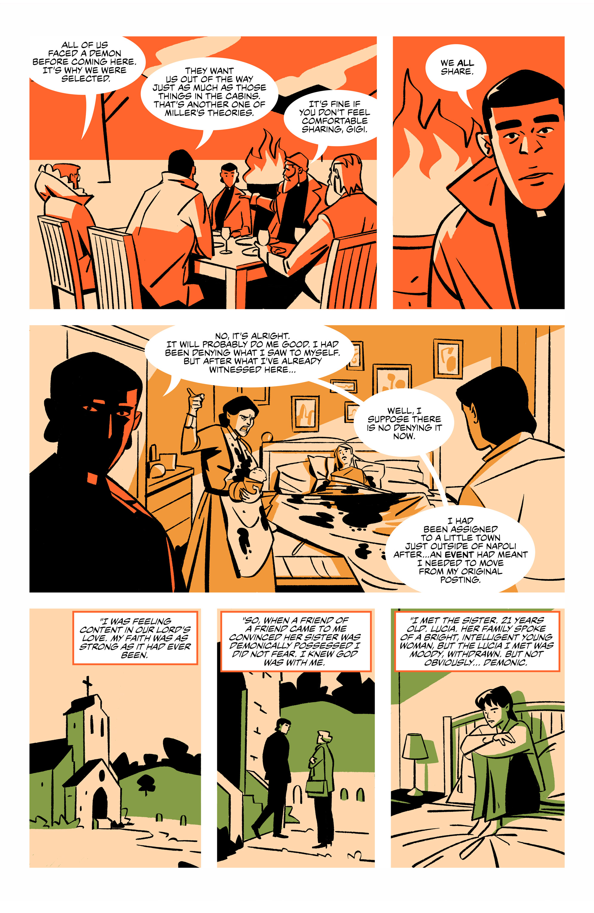 A group of people talk around a table in a warmly-lit room; a man narrates his experiences, with flashbacks showing a church and a woman reading.