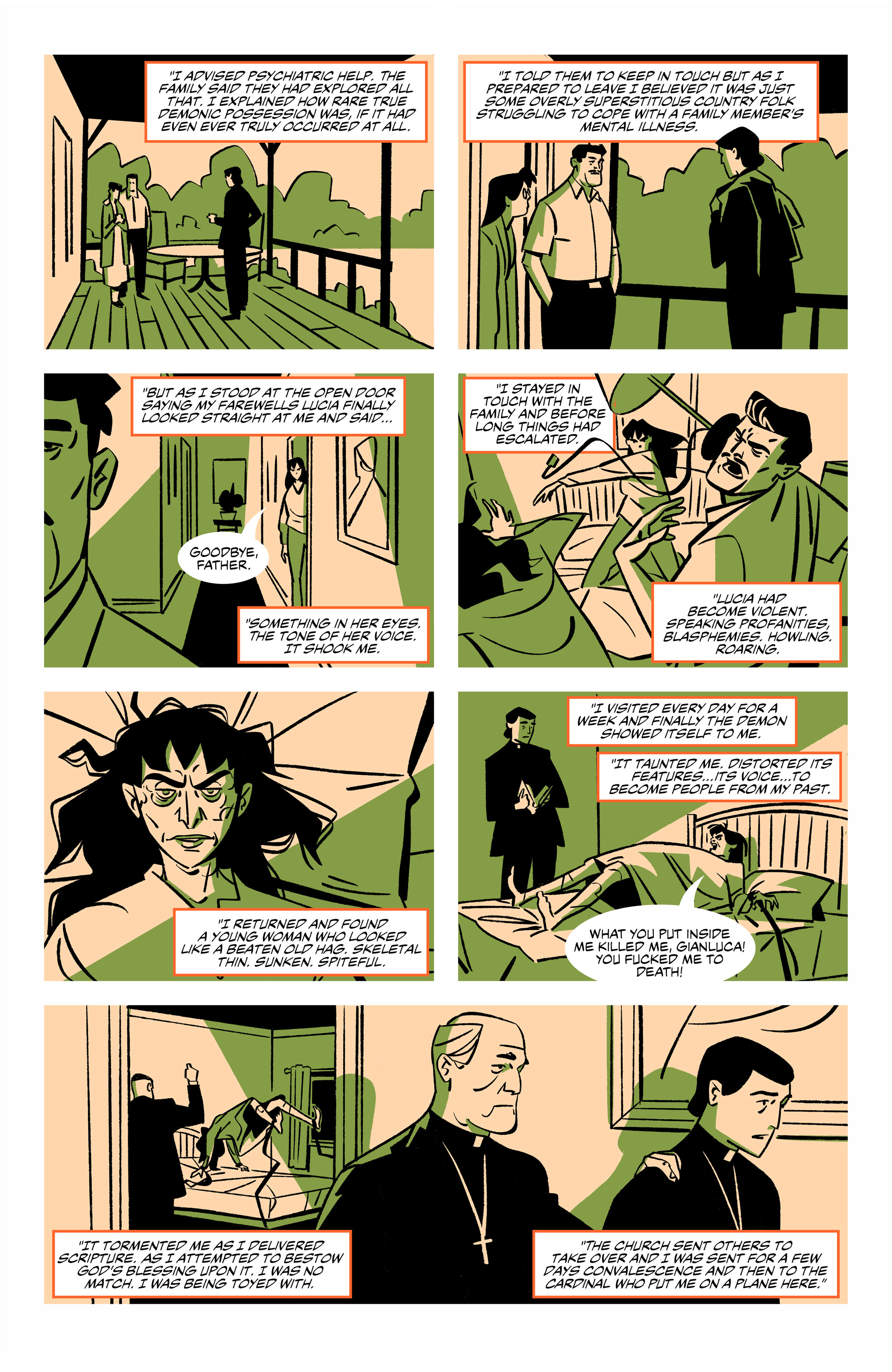 A comic-style page shows a man confessing to a priest about his violent urges and feeling tormented by a devilish figure, while scenes alternate between the confession and flashbacks.