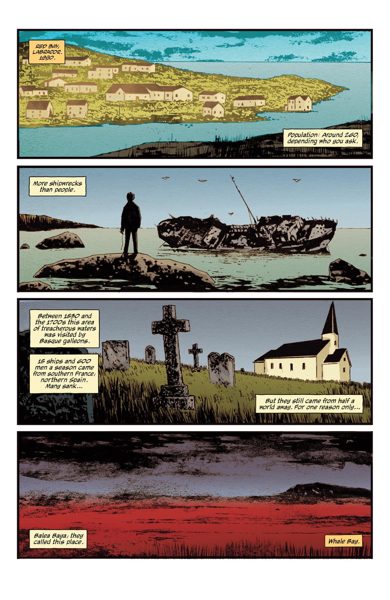 A comic page shows a coastal village, an abandoned boat, an old churchyard, and a bay with red-tinted water, accompanied by narration about shipwrecks and legends of Whale Bay.