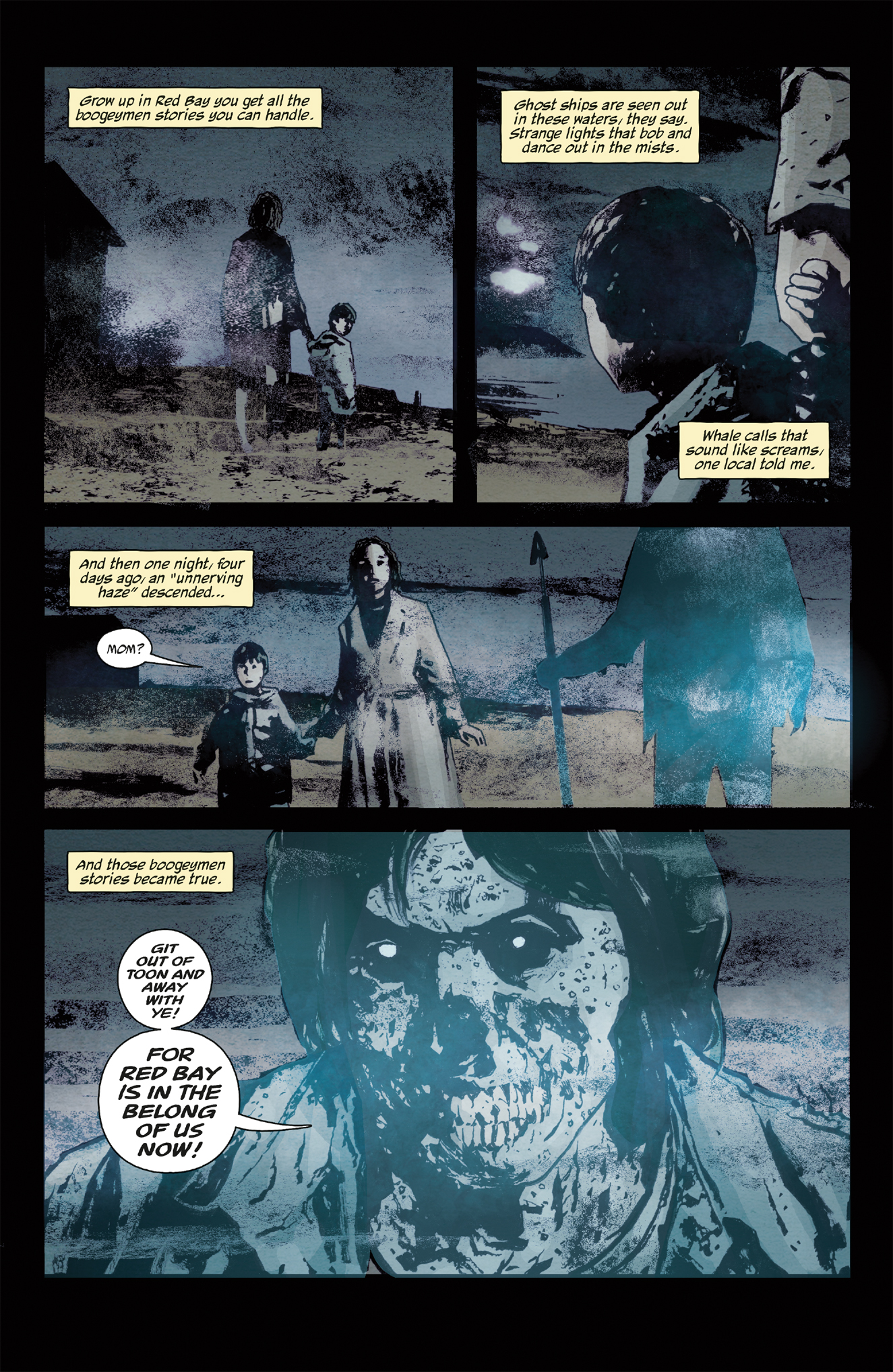 A woman and a child walk outside at night. The scene becomes tense as a monstrous figure with a decaying face emerges, startling them. Dialogue and narration are present throughout.