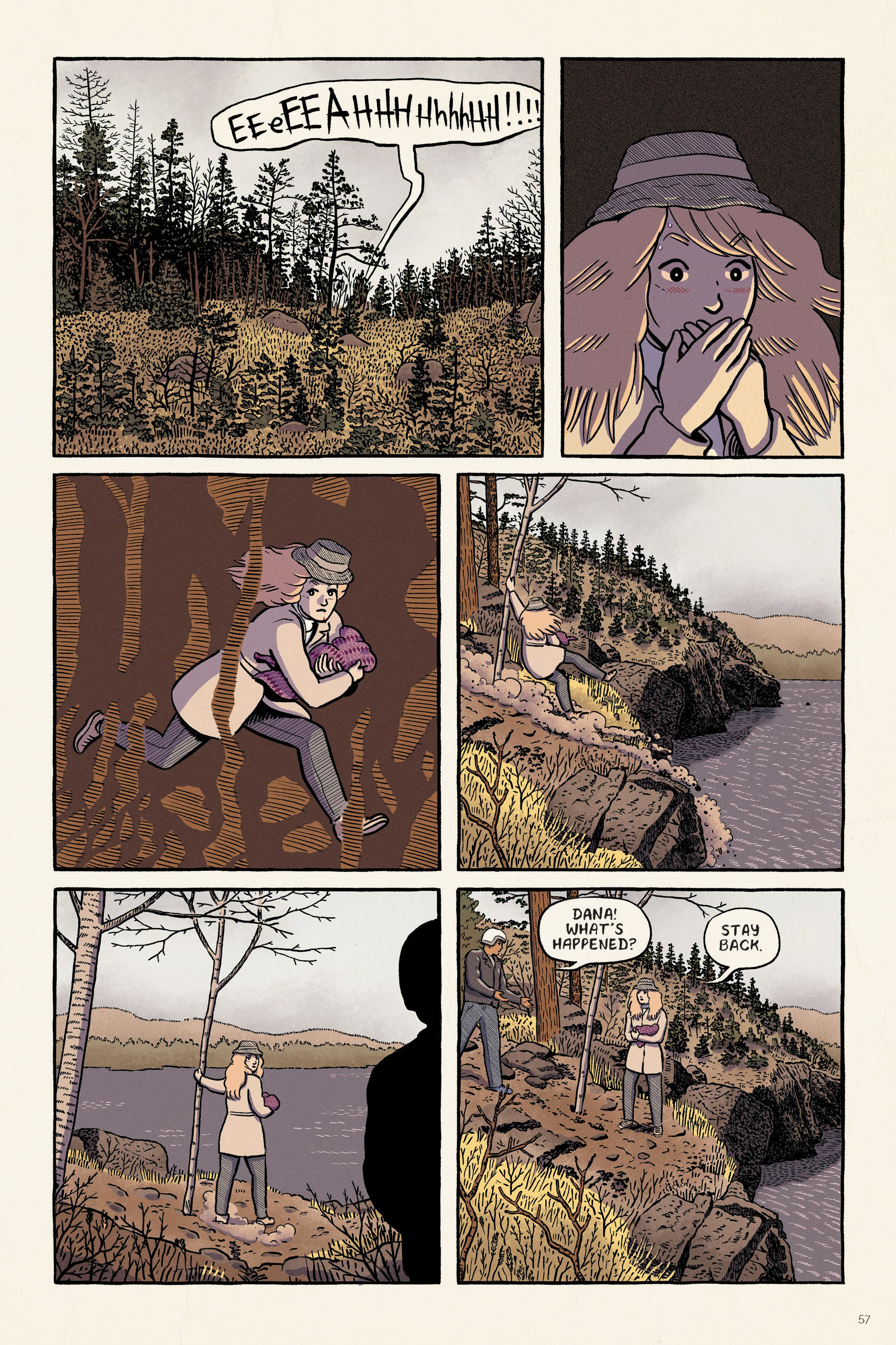 A girl hears a scream in the forest, runs with a worried expression, arrives at a lakeside, and is called out to by someone telling her to stay back.
