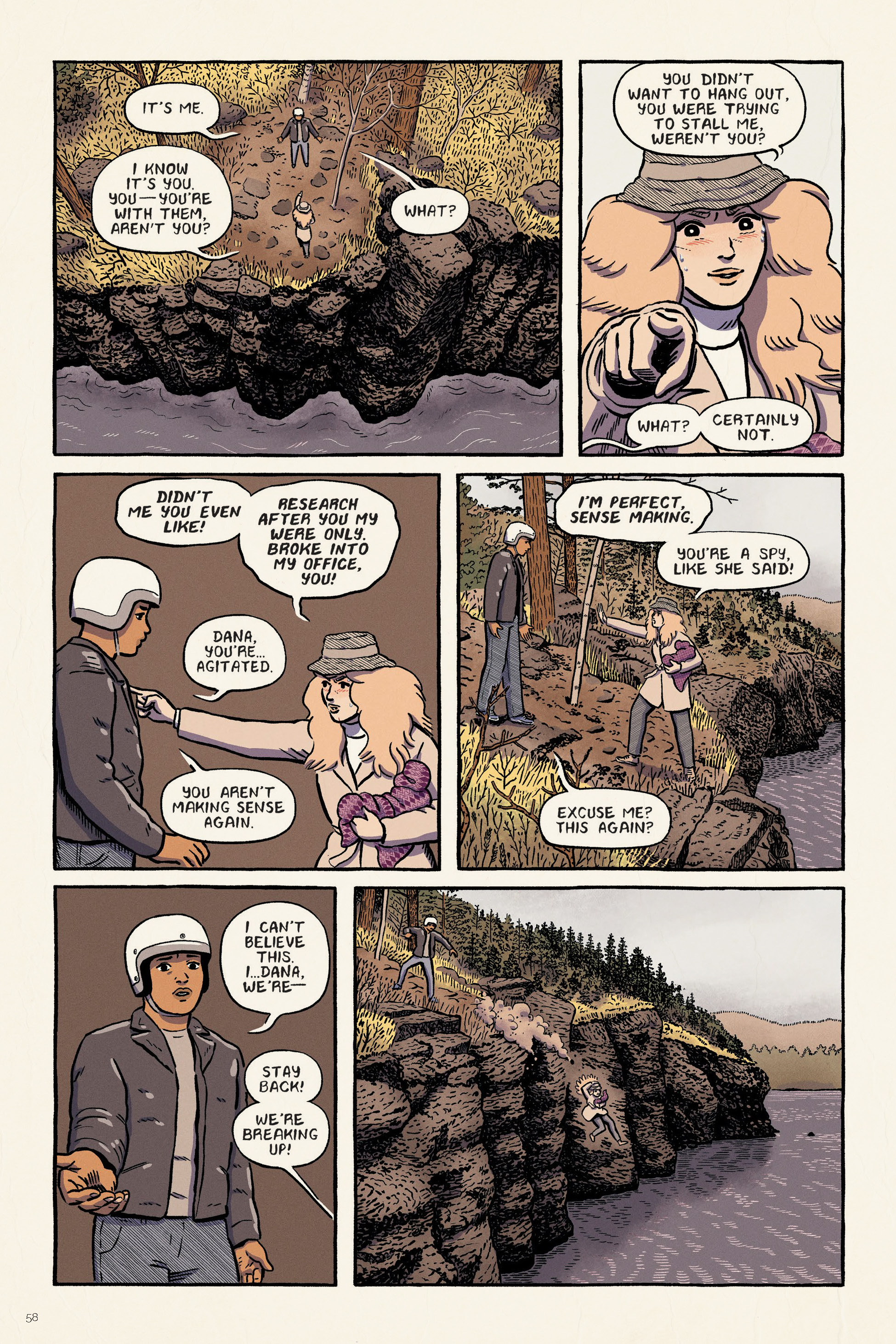 A comic page shows two people talking on a rocky riverbank and cliff. They discuss research, sense-making, and bluffing, with varied emotional expressions and gestures throughout the scene.