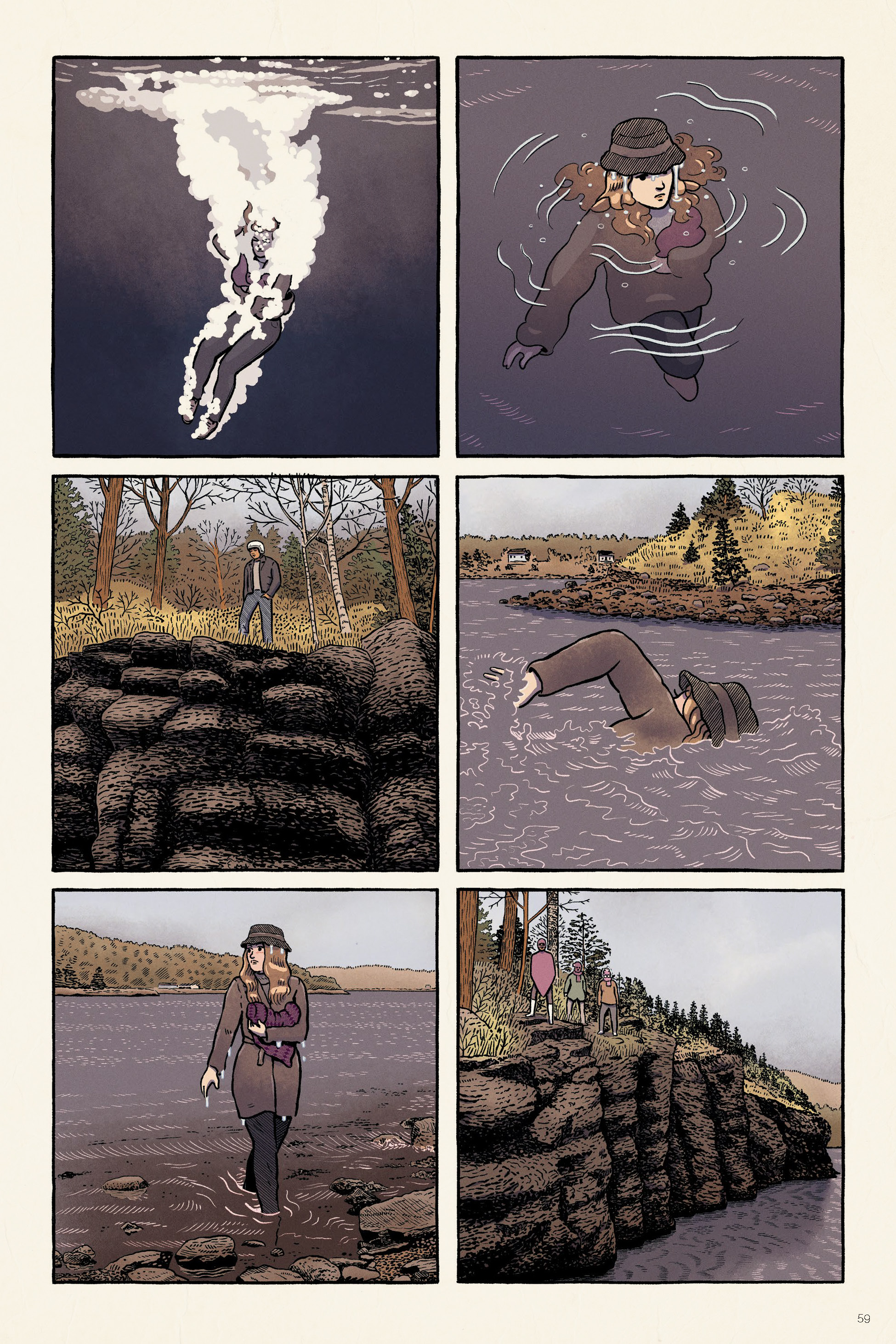 A woman dives into a lake, swims, climbs out onto rocky terrain, and joins a child on the shore in a sequence of six illustrated panels.
