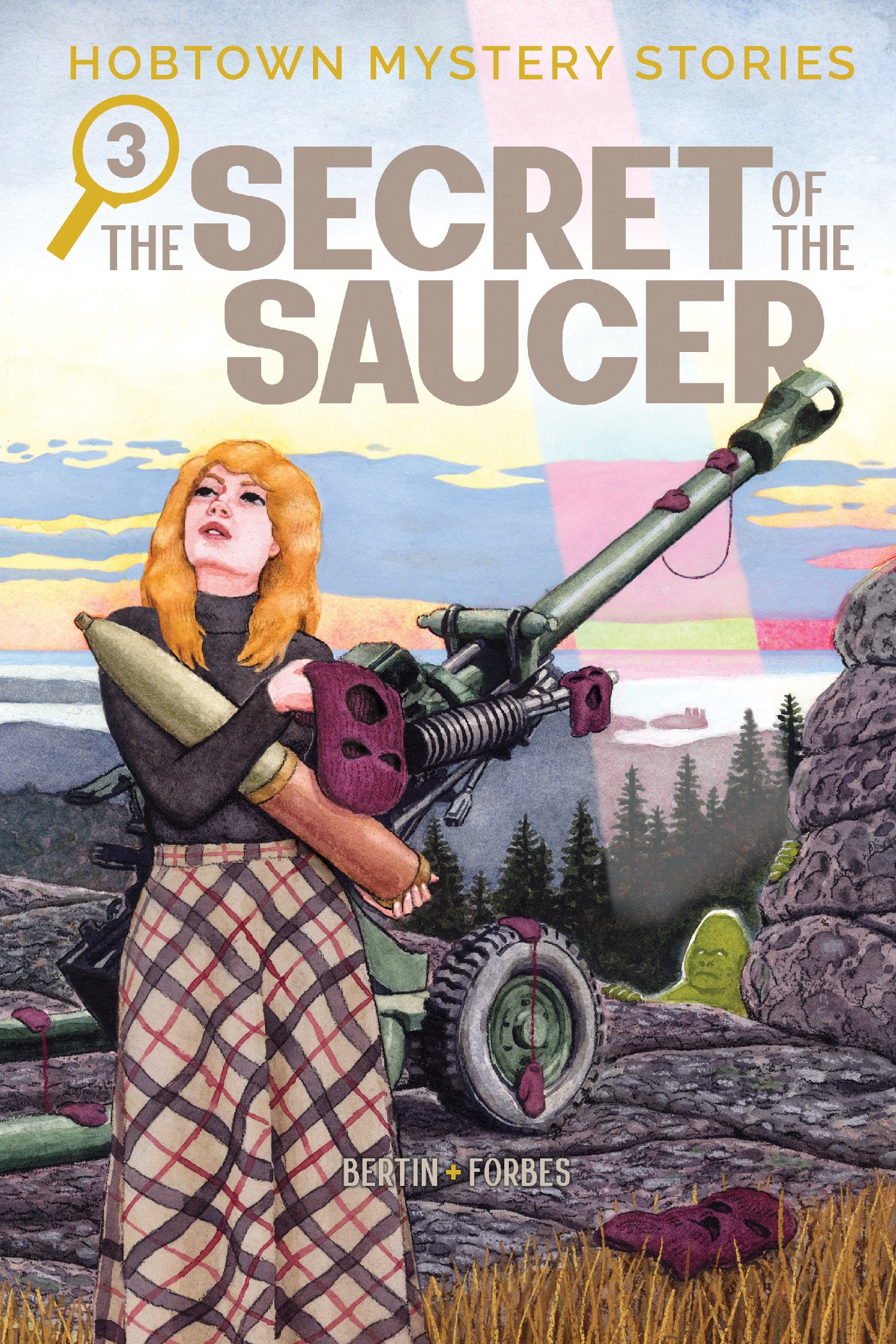 A woman holding a missile stands in front of a large artillery gun in a rocky outdoor setting. The cover reads "The Secret of the Saucer: Hobtown Mystery Stories 3" by Bertin and Forbes.