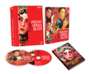 A Peking Opera Blues box set including a red slipcase, Blu-ray case with illustrated cover, two discs, and a booklet featuring a close-up of a face in Peking opera makeup.
