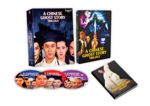 A box set of "A Chinese Ghost Story Trilogy" with three DVDs, a booklet, and illustrated packaging featuring characters from the films.