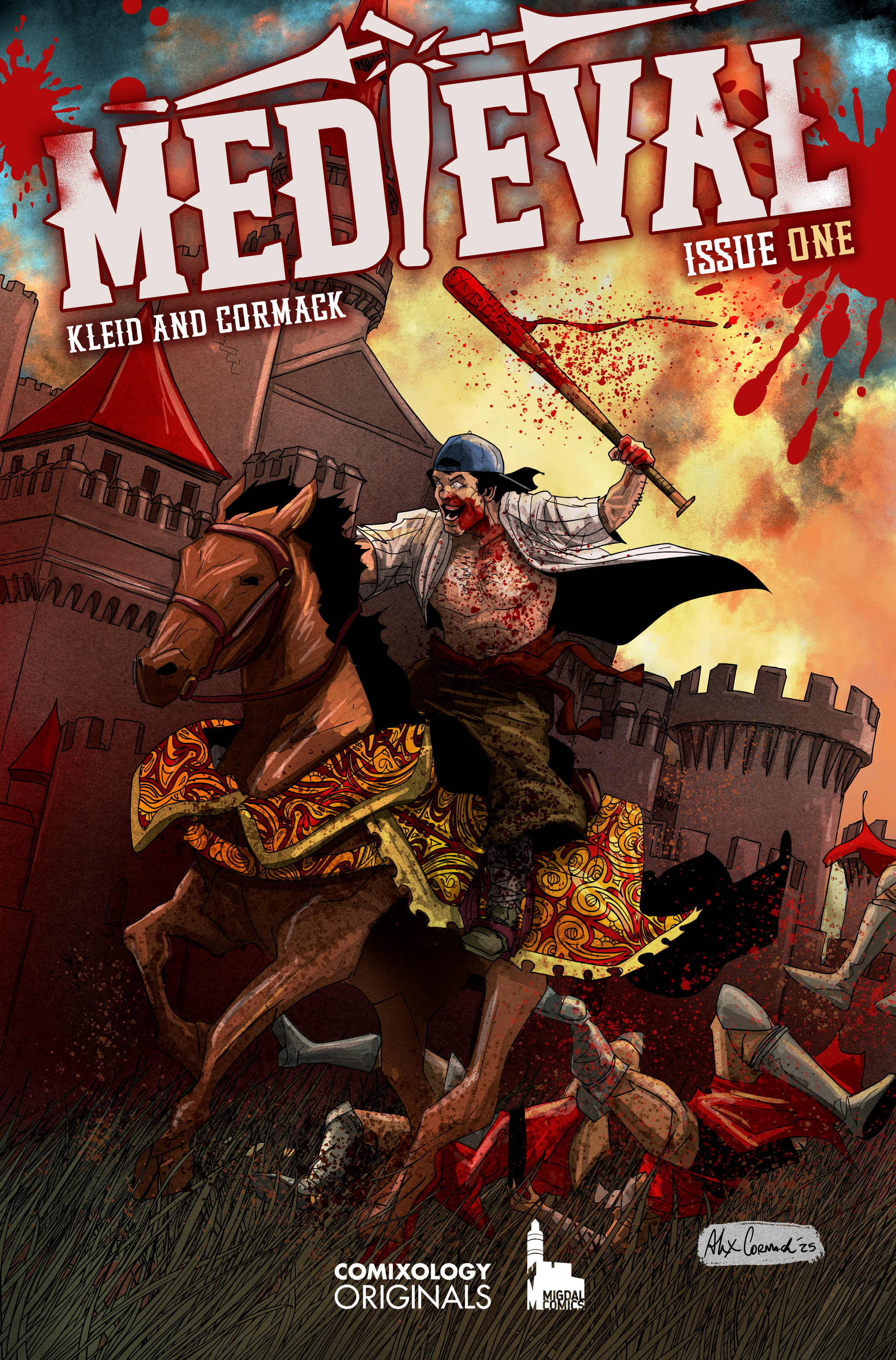 A wounded knight wielding a bloody club rides a horse through a chaotic medieval battle outside a castle, with soldiers fighting in the background.