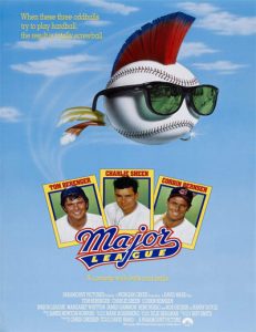 Movie poster for "Major League" featuring a baseball with a mohawk, sunglasses, and player cards of Tom Berenger, Charlie Sheen, and Corbin Bernsen against a blue background.