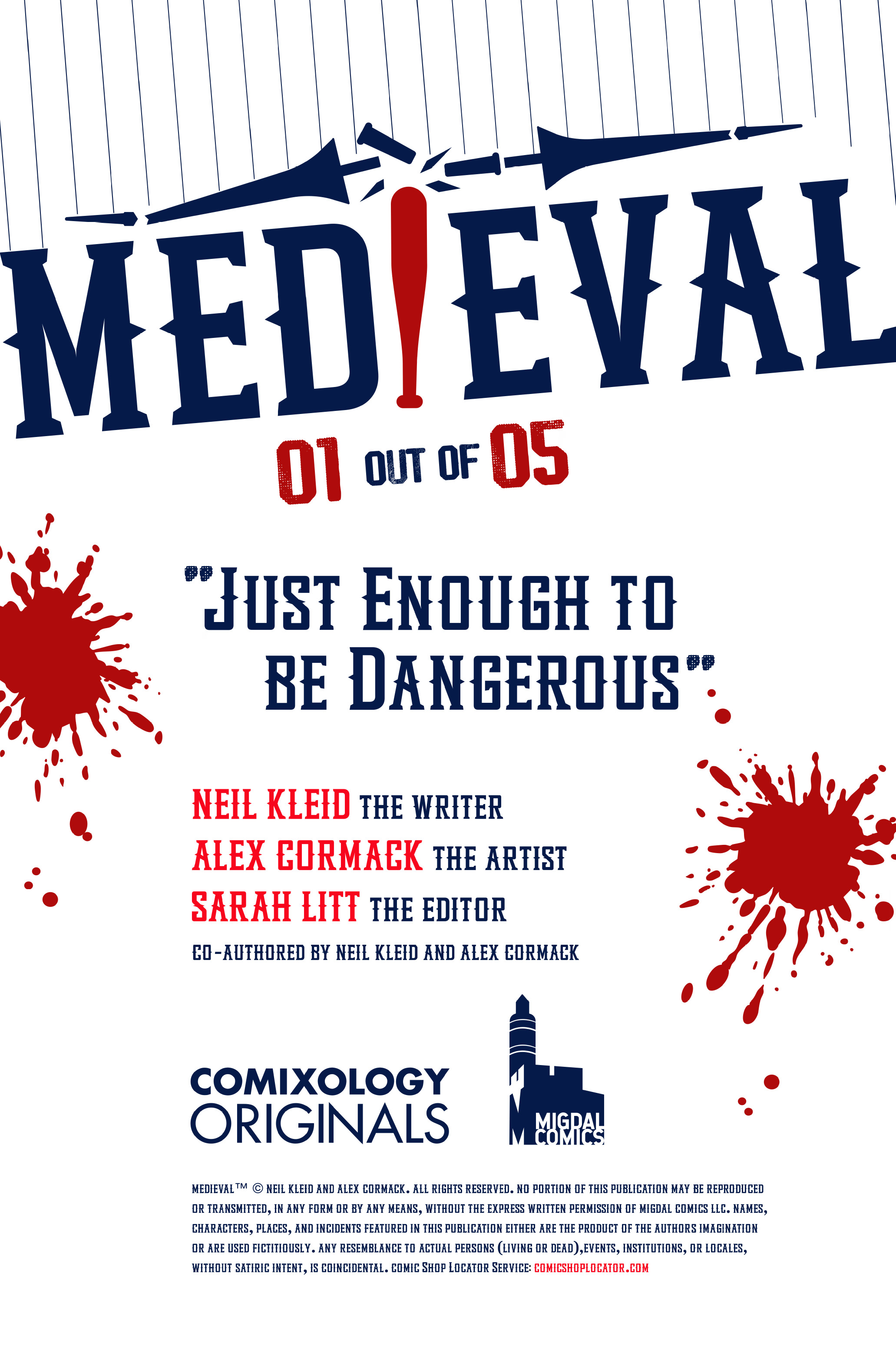 A promotional poster for "Medieval 01 out of 05," featuring bold text, blood splatters, and credits for the writer, artist, and editor.