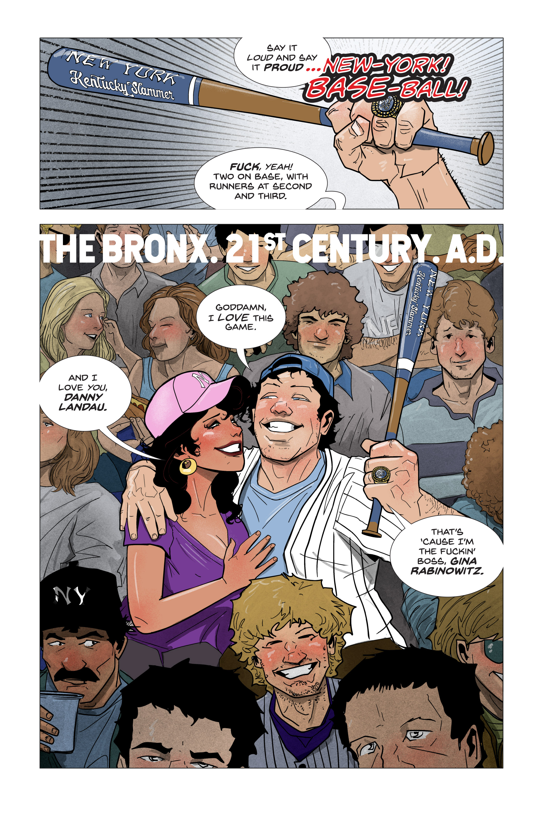 A man holding a bat labeled "New York Kentucky Slugger" celebrates with a woman in a crowded baseball stadium; surrounding fans cheer and smile.