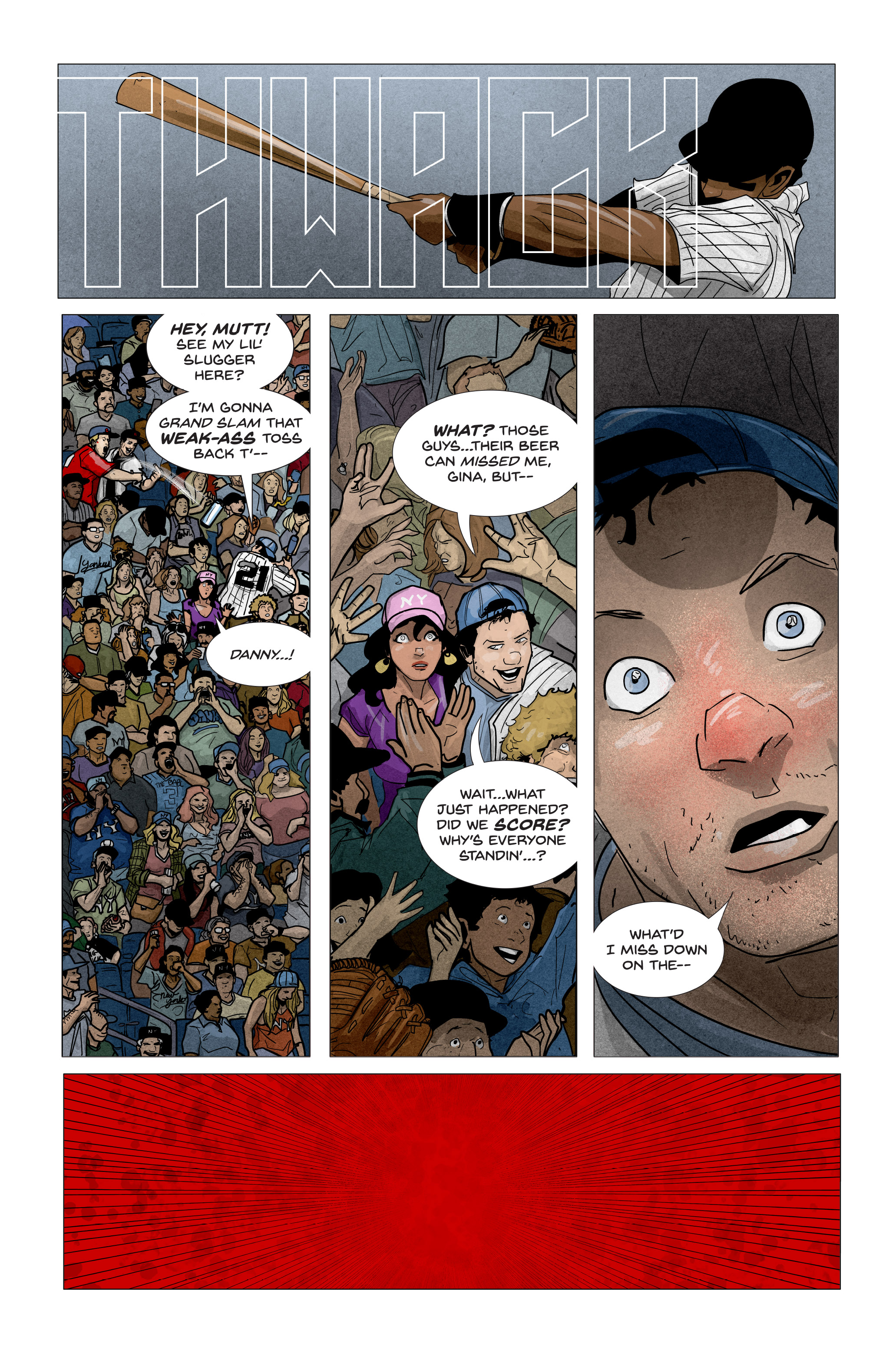 A baseball player swings a bat as a crowd watches; the scene shifts to a stunned boy’s face with dialogue revealing his surprise at being the only one left standing.