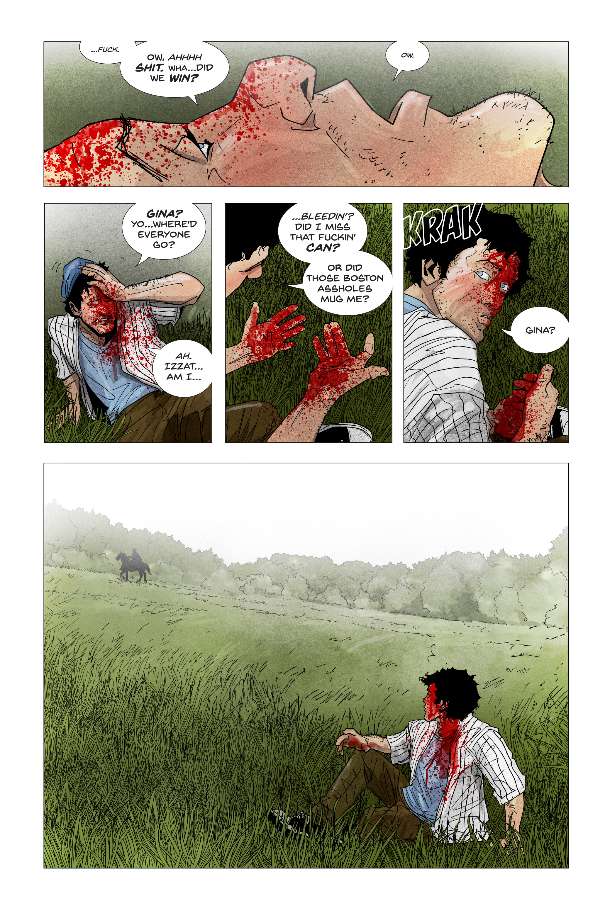 A man sits bleeding in a grassy field, looking distressed. Blood covers his face, hands, and shirt. There is a distant figure on horseback in the background.