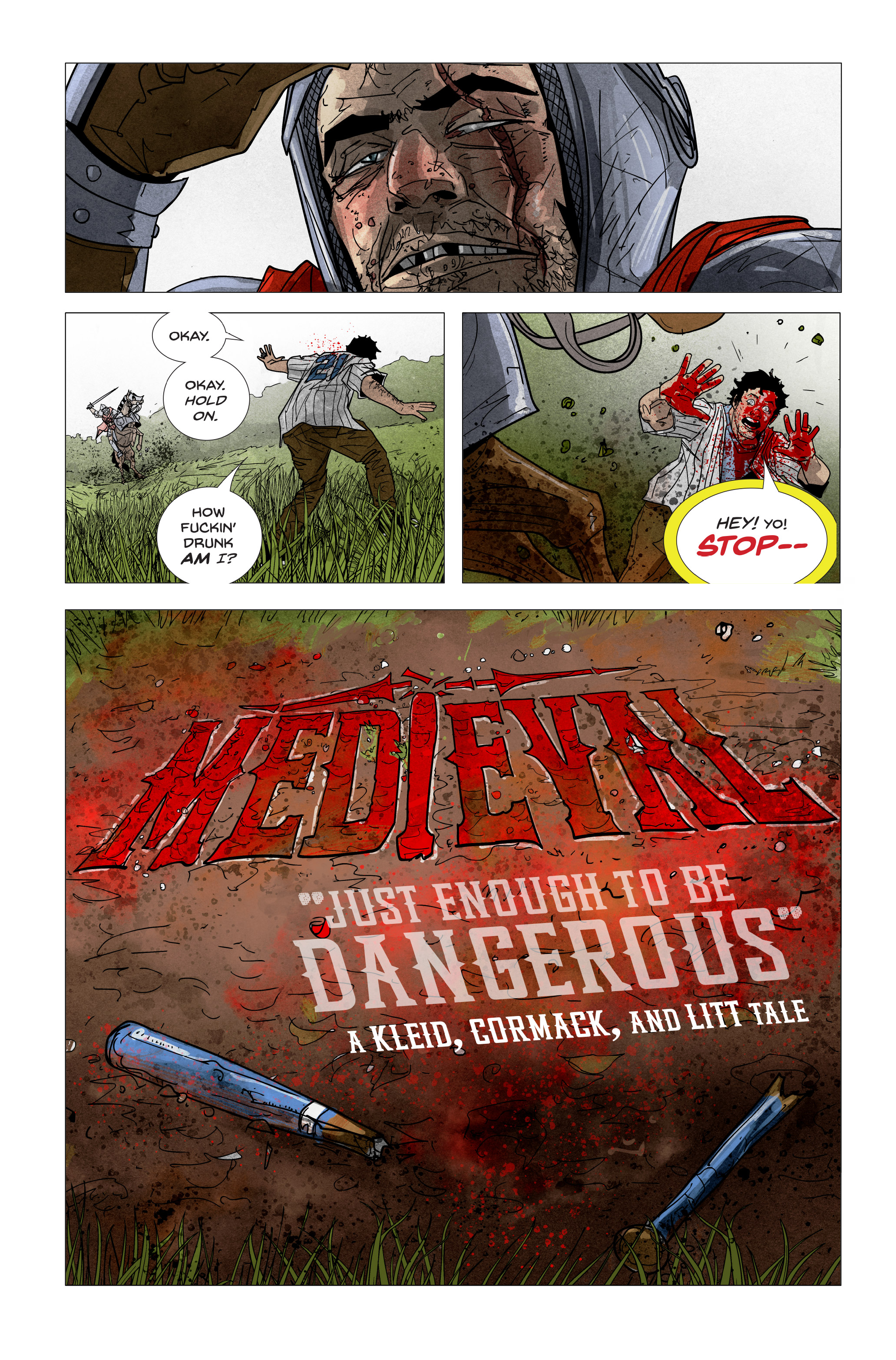 A man in armor chases a wounded, bloodied man through a grassy field. The ground displays the title "Medieval: Just Enough to Be Dangerous" with knives and blood splatter nearby.