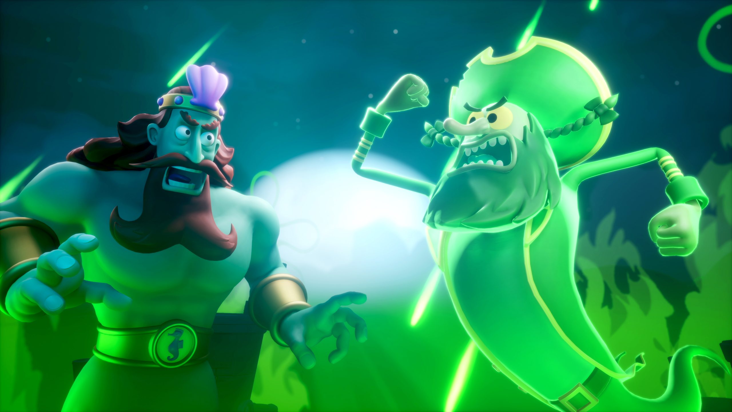 A cartoon knight looks startled as a glowing green ghost pirate yells with a raised fist in a moonlit, eerie setting.