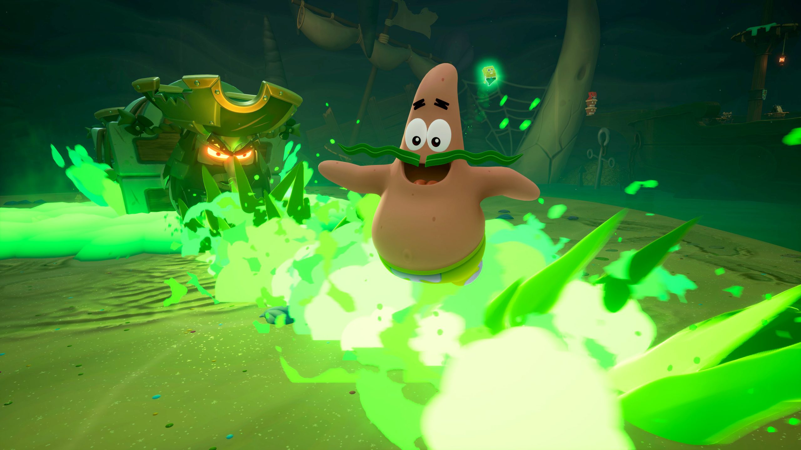 Animated character Patrick Star jumps through bright green fire in a dark, pirate-themed setting with a glowing-eyed treasure chest in the background.