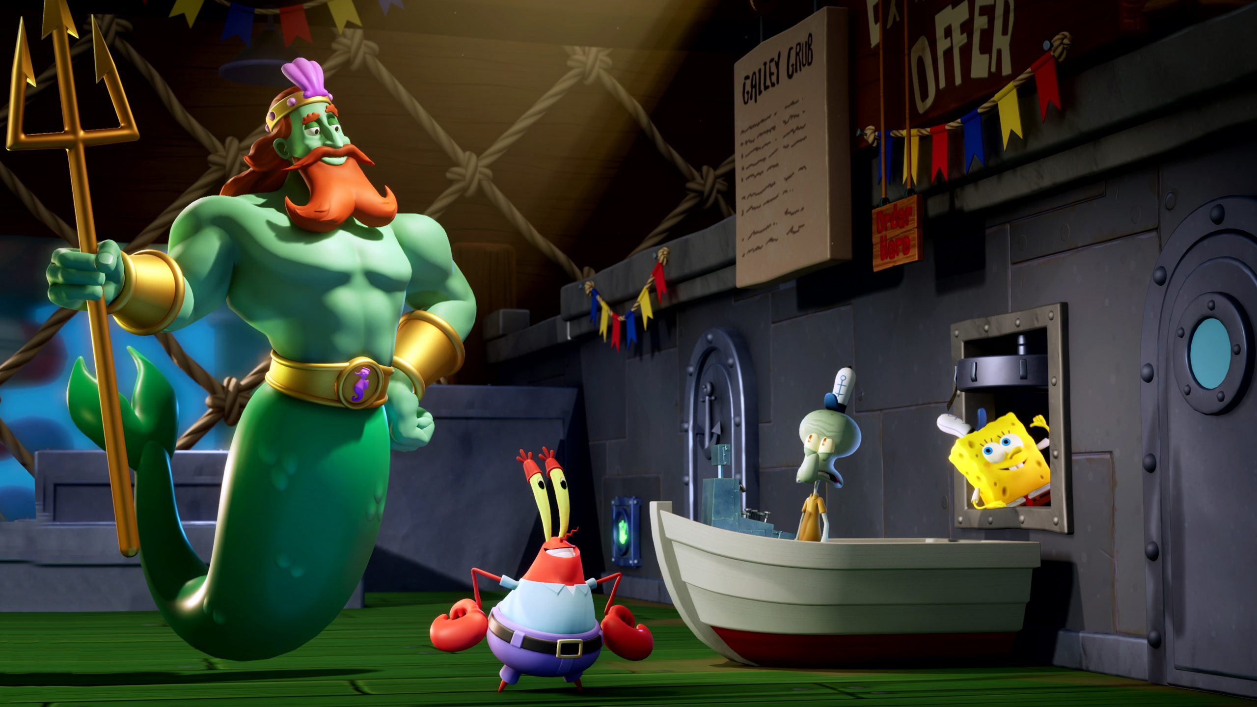 An animated scene shows a large green merman with a trident standing beside a crab, a squid, and a sponge inside a restaurant with a menu on the wall.