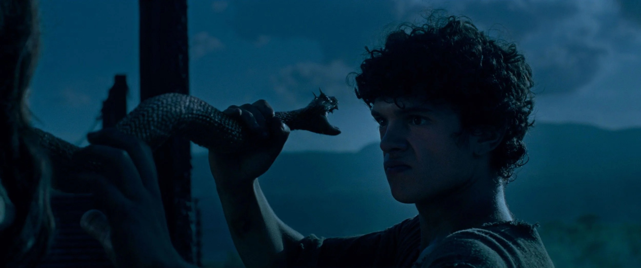 A young man holds a snake close to his face at night, looking at it with a tense expression against a dark, mountainous background.
