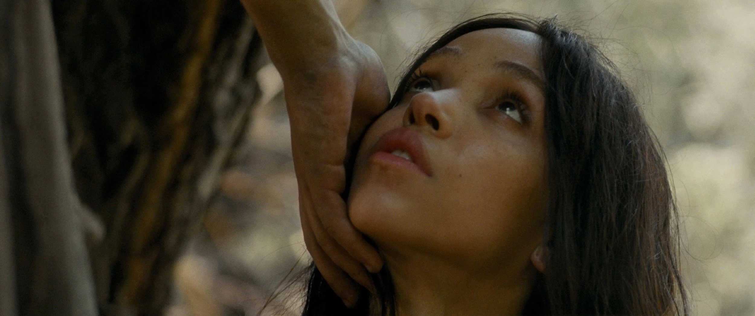A woman with long dark hair looks upward as a hand gently holds her chin outdoors.